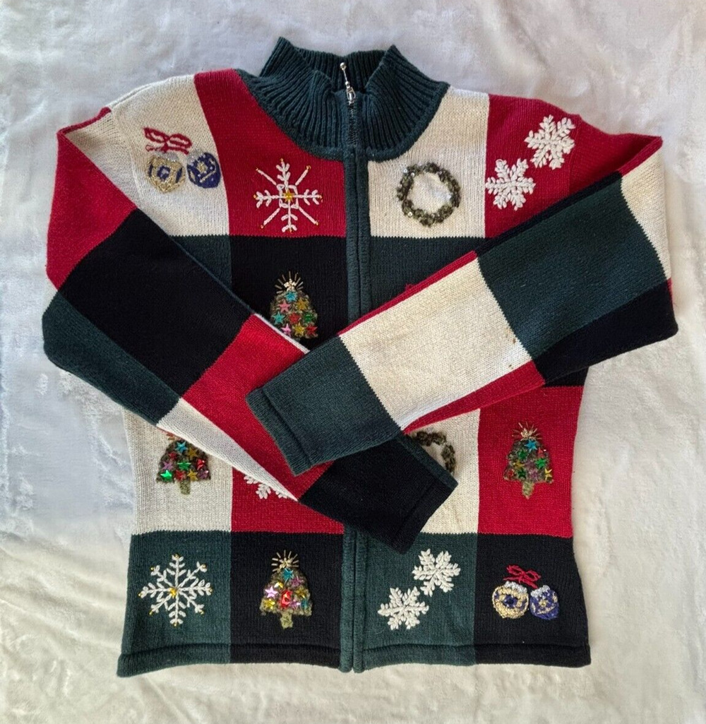Christmas Zip Up Sweater MED Ugly Sweater Grandma 3D Dress Barn Red Green Black